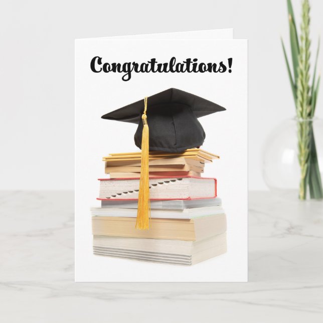 Congratulations Graduate Grad Cap on Book Stack Holiday Card (Front)
