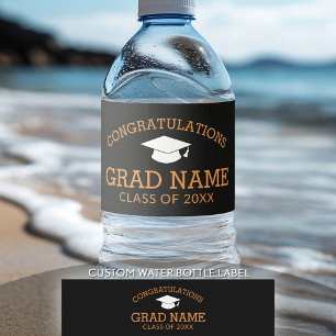 Congratulations Graduate Graduation Black Orange Water Bottle Label