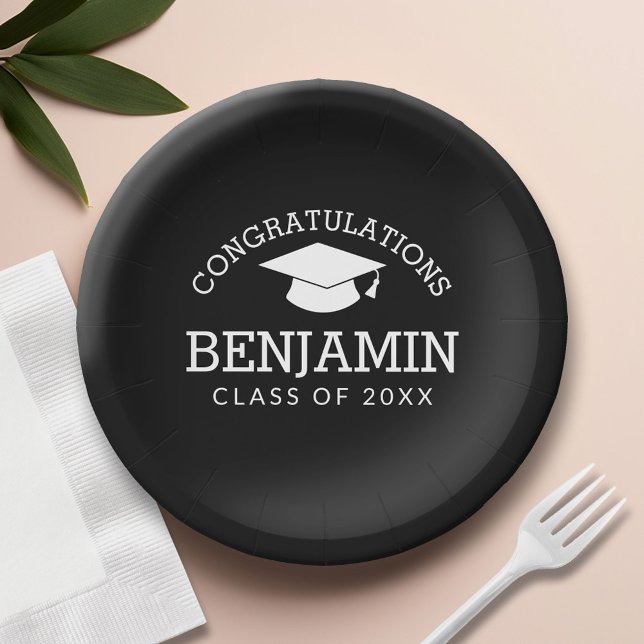 Congratulations Graduate Graduation Cap black Paper Plate (Custom Paper Plate)