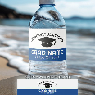 Congratulations Graduate Graduation Cap Blue Black Water Bottle Label