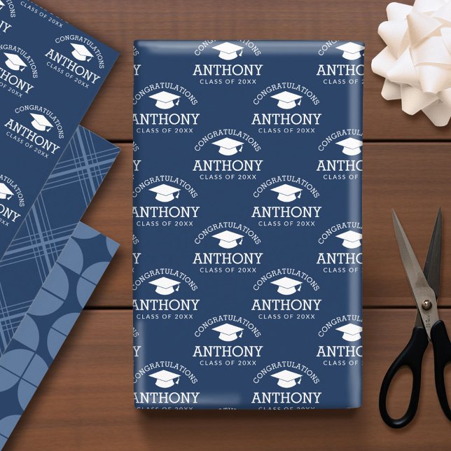 Congratulations Graduate Graduation Cap navy blue Wrapping Paper Sheet (Custom Graduation Wrapping Paper)