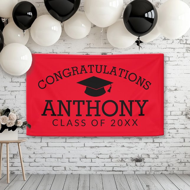 Congratulations Graduate Graduation Cap red black  Banner (Custom Graduation Banner for a Grad Party or Open House)