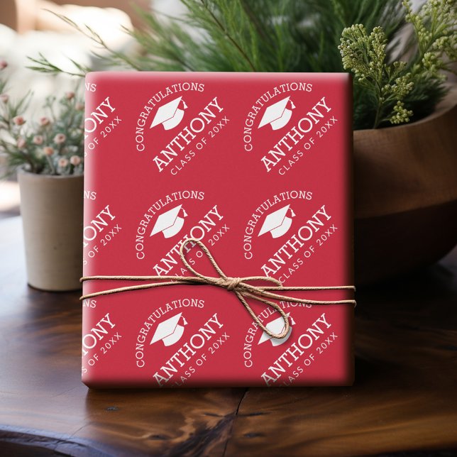 Congratulations Graduate Graduation Cap red white Wrapping Paper (Personalized Wrapping Paper)