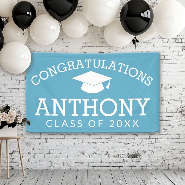 Congratulations Graduate Graduation Cap Text blue Banner (Custom Graduation Banner for a Grad Party or Open House)