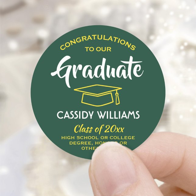 Congratulations Graduate Green and Gold Graduation Classic Round Sticker (Creator Uploaded)