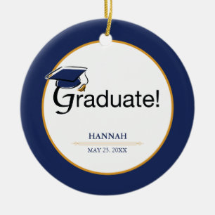 Congratulations Graduate, Hat, Tassel, Blue, Gold Ceramic Ornament