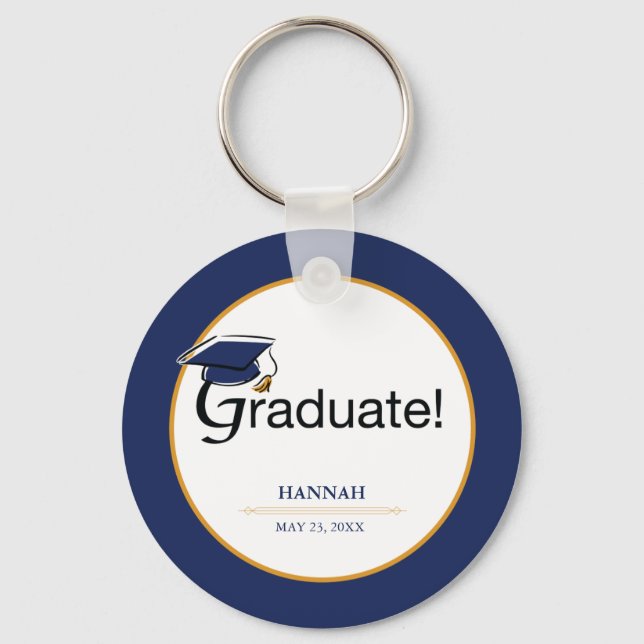 Congratulations Graduate, Hat, Tassel, Blue, Gold Key Ring (Front)