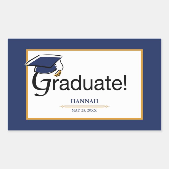 Congratulations Graduate, Hat, Tassel, Blue, Gold Rectangular Sticker (Front)