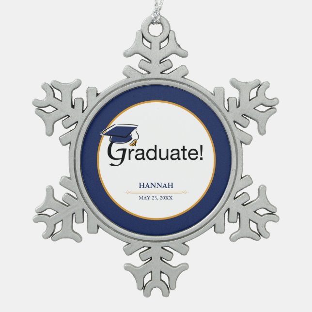 Congratulations Graduate, Hat, Tassel, Blue, Gold Snowflake Pewter Christmas Ornament (Front)