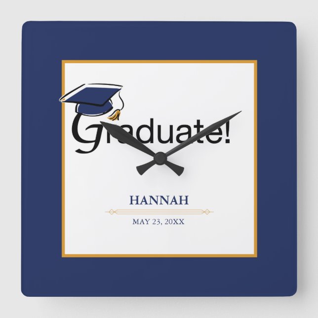 Congratulations Graduate, Hat, Tassel, Blue, Gold Square Wall Clock (Front)