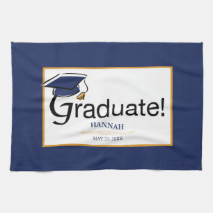 Congratulations Graduate, Hat, Tassel, Blue, Gold Tea Towel