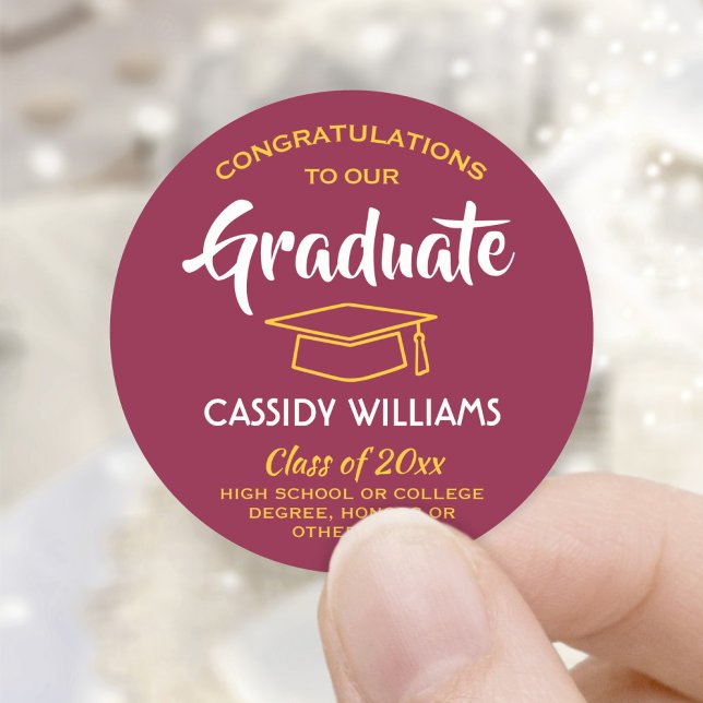 Congratulations Graduate Maroon & Gold Graduation Classic Round Sticker (Creator Uploaded)