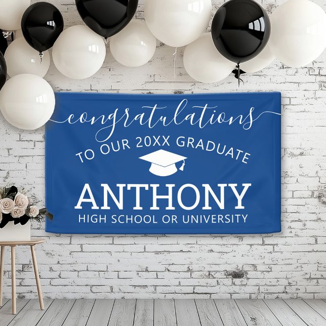 Congratulations Graduate modern blue virtual Banner (Custom Graduation Banner for a Grad Party or Open House)