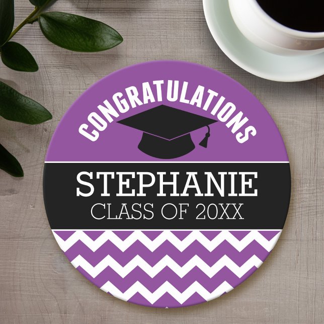 Congratulations Graduate - Purple Black Graduation Round Paper Coaster (Personalized coaster - Graduation Party)