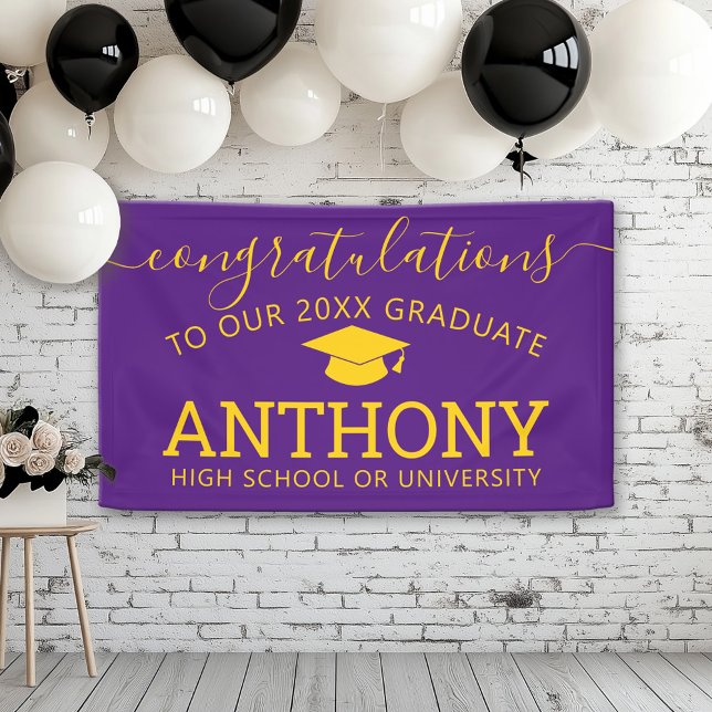 Congratulations Graduate purple gold virtual grad Banner (Custom Graduation Banner for a Grad Party or Open House)