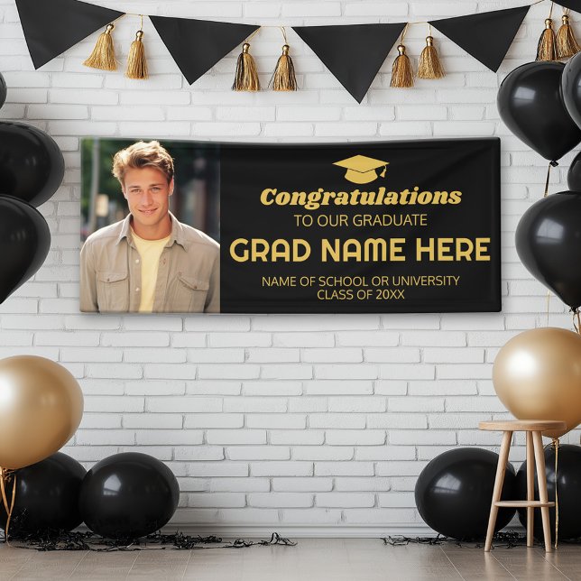 Congratulations Graduate with photo - Black Gold Banner (Custom Graduation Banner with Photo and Grad Name)