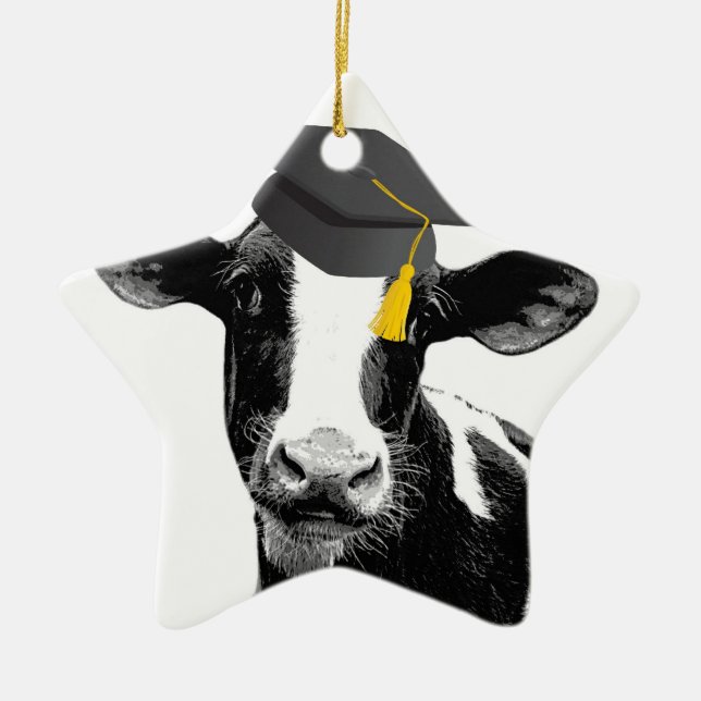 Congratulations Graduation Funny Cow in Cap Ceramic Ornament (Front)
