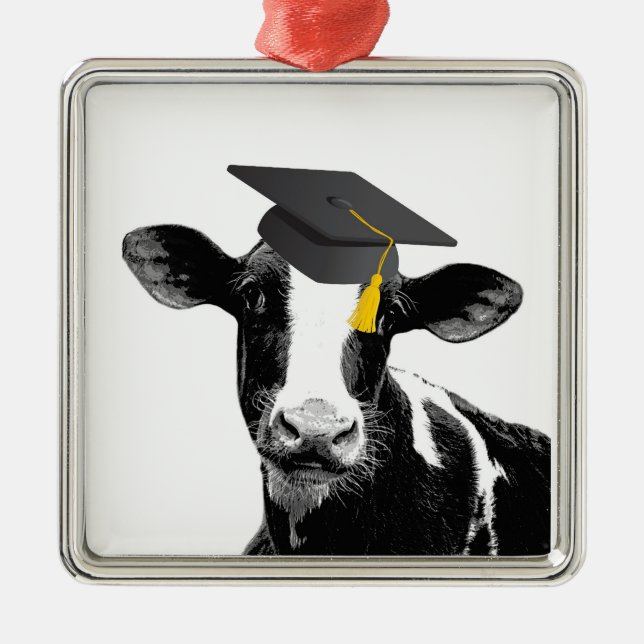 Congratulations Graduation Funny Cow in Cap Metal Tree Decoration (Front)