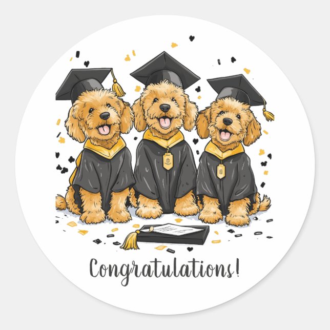 Congratulations Graduation Goldendoodle Dogs Classic Round Sticker (Front)