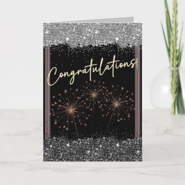 Congratulations Graduation Silver & Black Sparkle Card (Front)