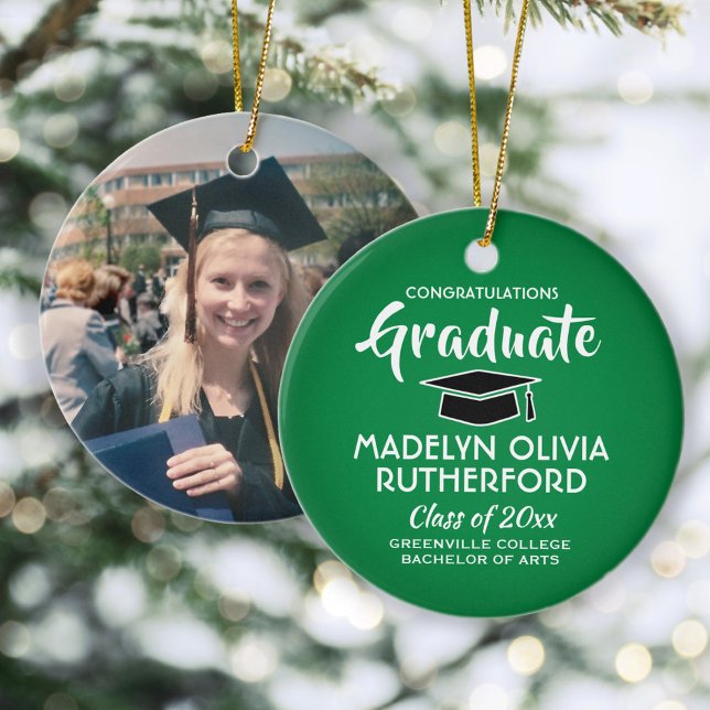 Congratulations Green and White Graduation Photo Ceramic Ornament (Creator Uploaded)