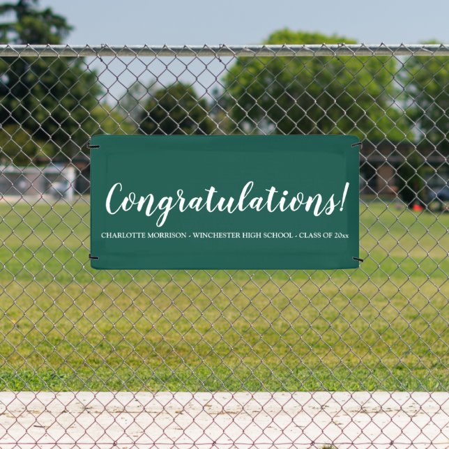 Congratulations green white custom text graduation banner (Insitu)