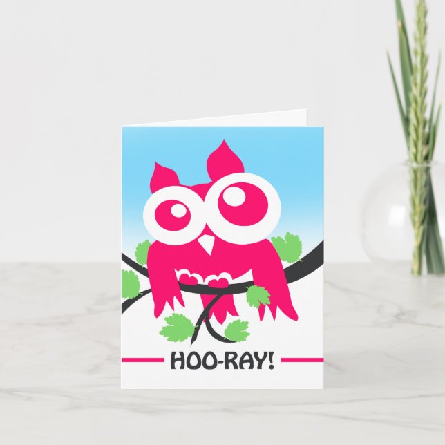 Congratulations Hoo ray Cute Pink Owl on Branch Card (Front)