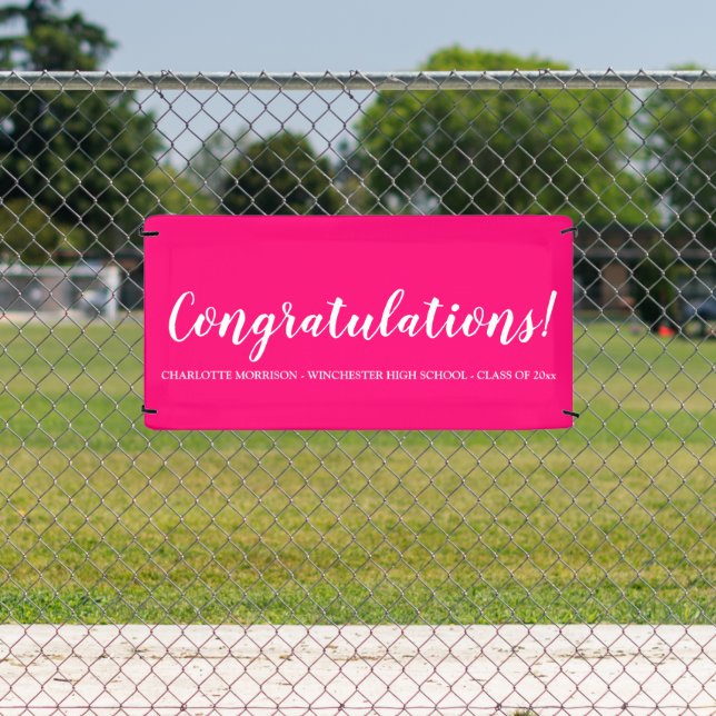 Congratulations hot pink custom script graduation banner (Insitu)