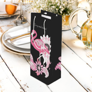 Congratulations! Modern Black Pink Flamingo Wine Gift Bag