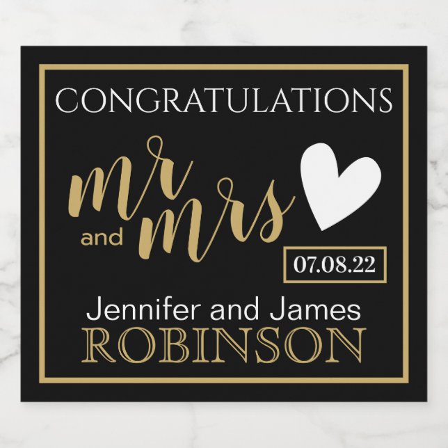 Congratulations Mr Mrs Custom Name Gold Wedding Sparkling Wine Label (Single Label)