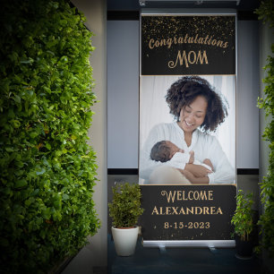 Congratulations Mum Mother Baby Photo Black Gold  Retractable Banner