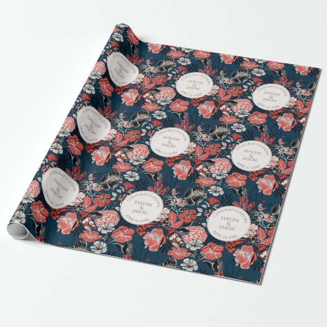 Congratulations Navy Blue Floral Pattern Wrapping Paper (Unrolled)