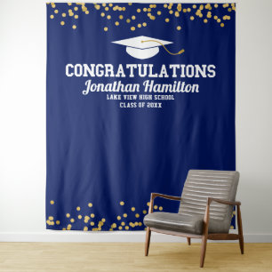 Congratulations Navy Blue Gold Grad Party Backdrop Tapestry