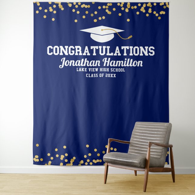 Congratulations Navy Blue Gold Grad Party Backdrop Tapestry (In Situ)