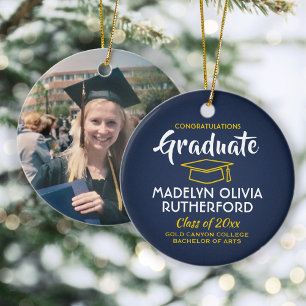 Congratulations Navy Blue & Gold Graduation Photo Ceramic Ornament