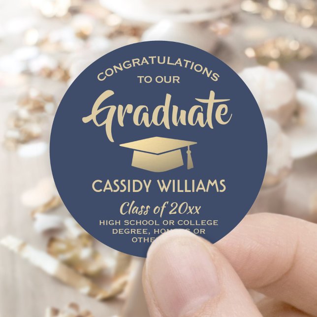 Congratulations Navy Blue Gold Modern Graduation Classic Round Sticker (Creator Uploaded)