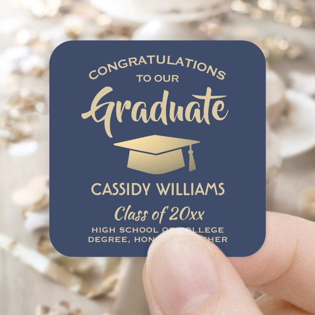 Congratulations Navy Blue Gold Modern Graduation Square Sticker (Creator Uploaded)