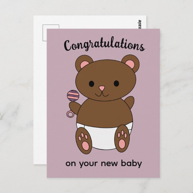Congratulations New Baby Girl Bear Pink Postcard (Front/Back)