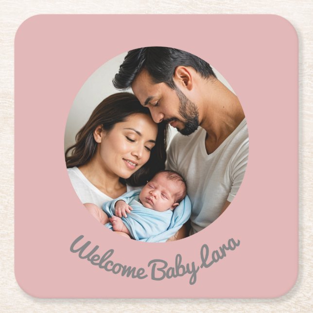 Congratulations new baby girl pink, welcome baby square paper coaster (Front)