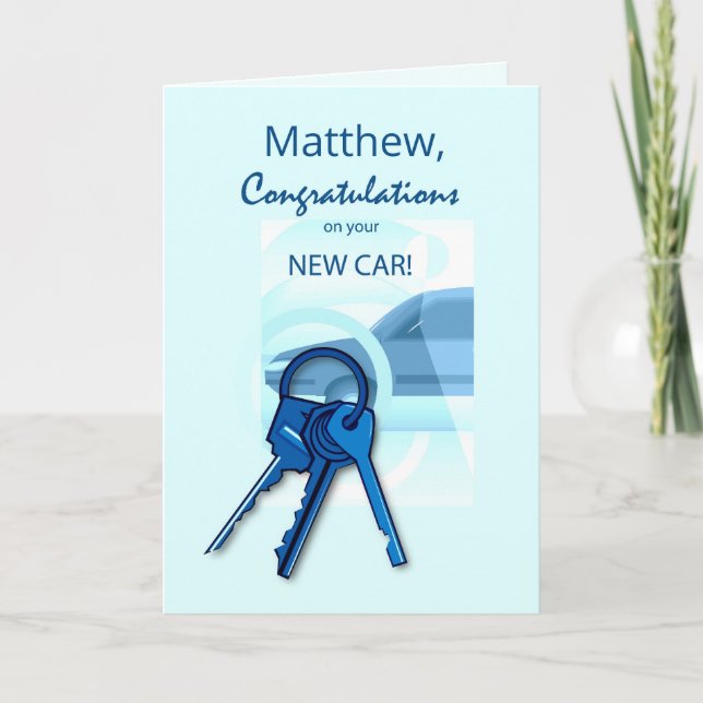 Congratulations New Car Blue Customise Name Keys Card (Front)