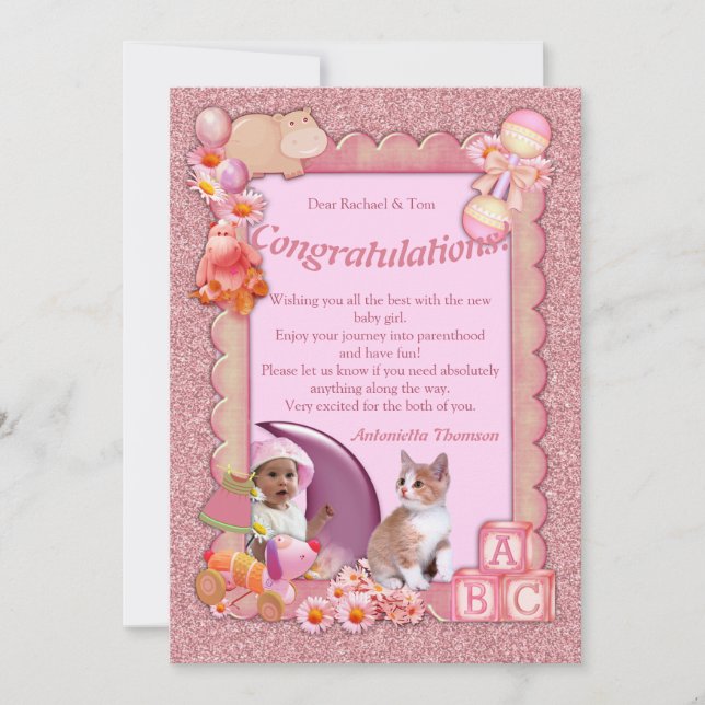 Congratulations New Pink-rose Baby Girl Card (Front)