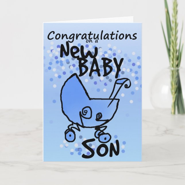 CONGRATULATIONS ON A NEW BABY BOY BLUE PRAM CARD (Front)