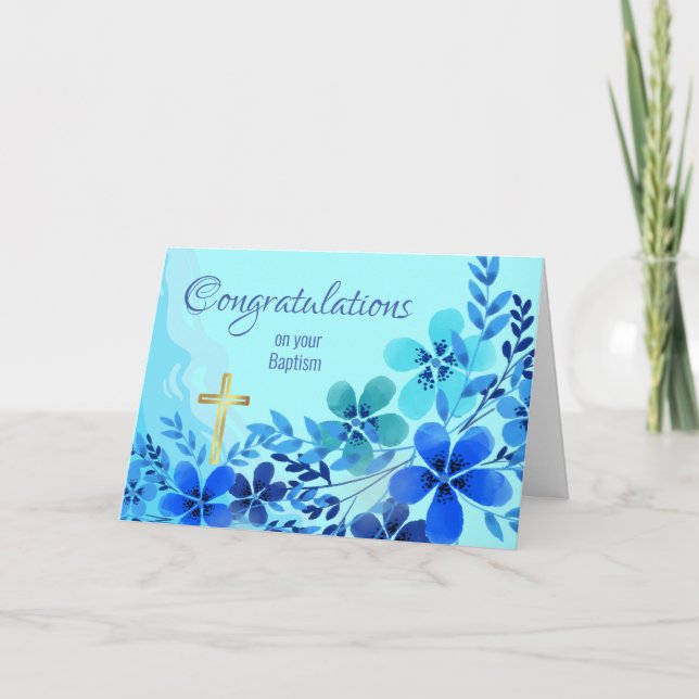 Congratulations on Baptism with Blue Flowers Card (Front)