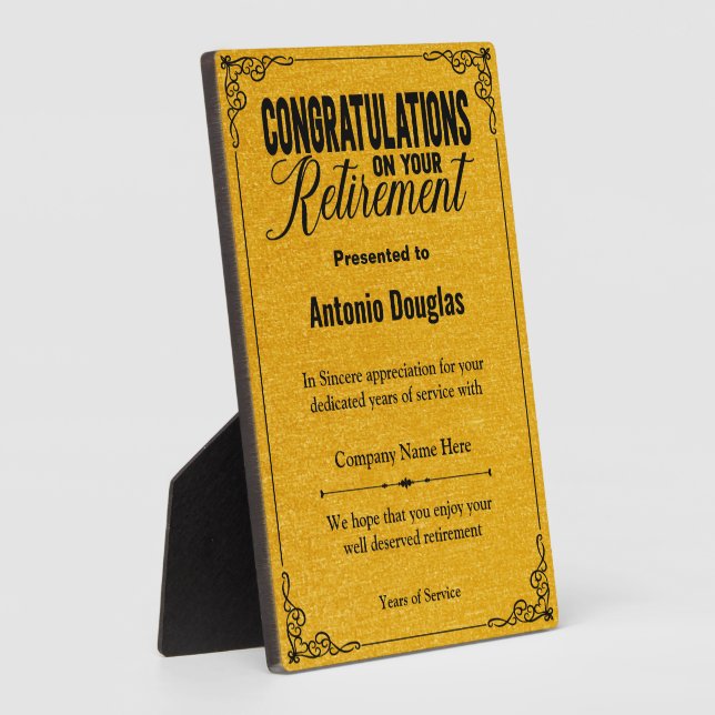 Congratulations on your Retirement Gold & Black Plaque (Side)