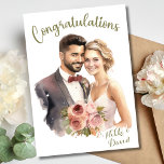 Congratulations On Your Wedding Custom Card<br><div class="desc">This adorable wedding card features a beautiful watercolor depiction of a bride and groom. Personalise by adding the bride and groom's names on the front as well as your name(s) on the inside, or leave blank to write in yourself. All inside text can be customised; in addition you can change...</div>