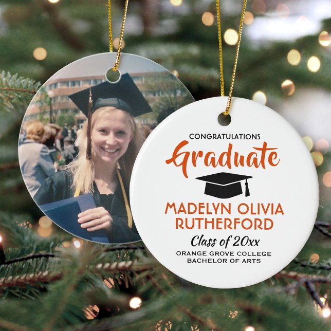 Congratulations Orange and White Graduation Photo Ceramic Ornament (Creator Uploaded)