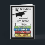 Congratulations Passing 6th Grade, Books Card<br><div class="desc">Congratulate your grandson on a job well done and passing the 6th grade.  You can easily change the recipient and grade level.  The image is a stack of books with core subjects,  pencils and a rolled up certificate.  Graduation hat floats above.  ©Christie Black</div>