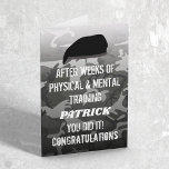 Congratulations Passing Out Parade Card<br><div class="desc">Passing out parade greeting card featuring a black,  grey and white camouflage background,  the soldiers name,  and a congratulations template that is easy to personalize.</div>