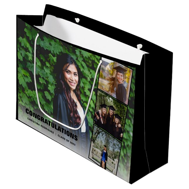 Congratulations Photo Collage Black Graduation Day Large Gift Bag (Front Angled)