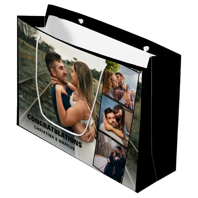 Congratulations Photo Collage Black Wedding|engage Large Gift Bag (Front Angled)
